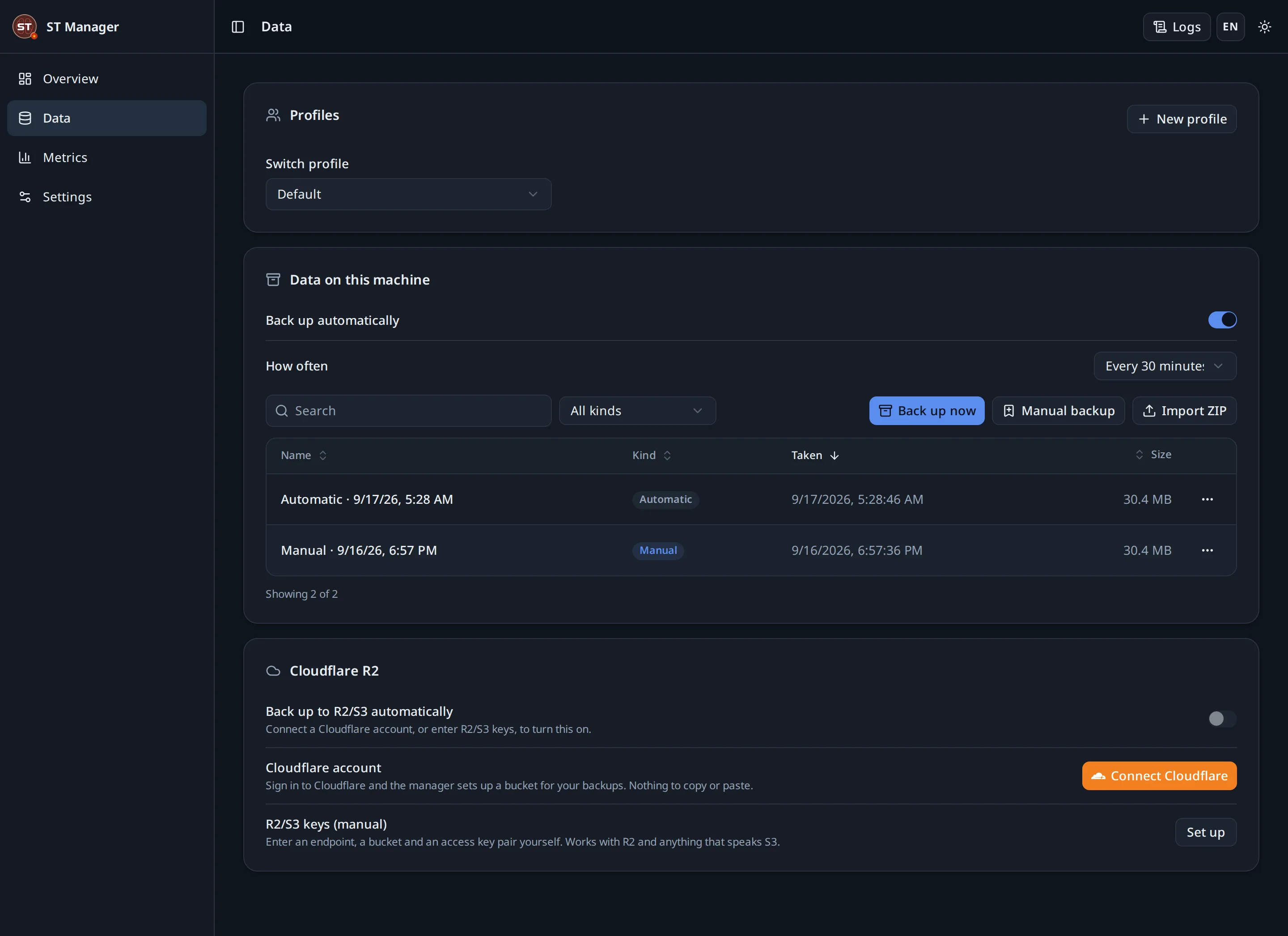 The data page: profiles, local backups and Cloudflare R2 recovery points