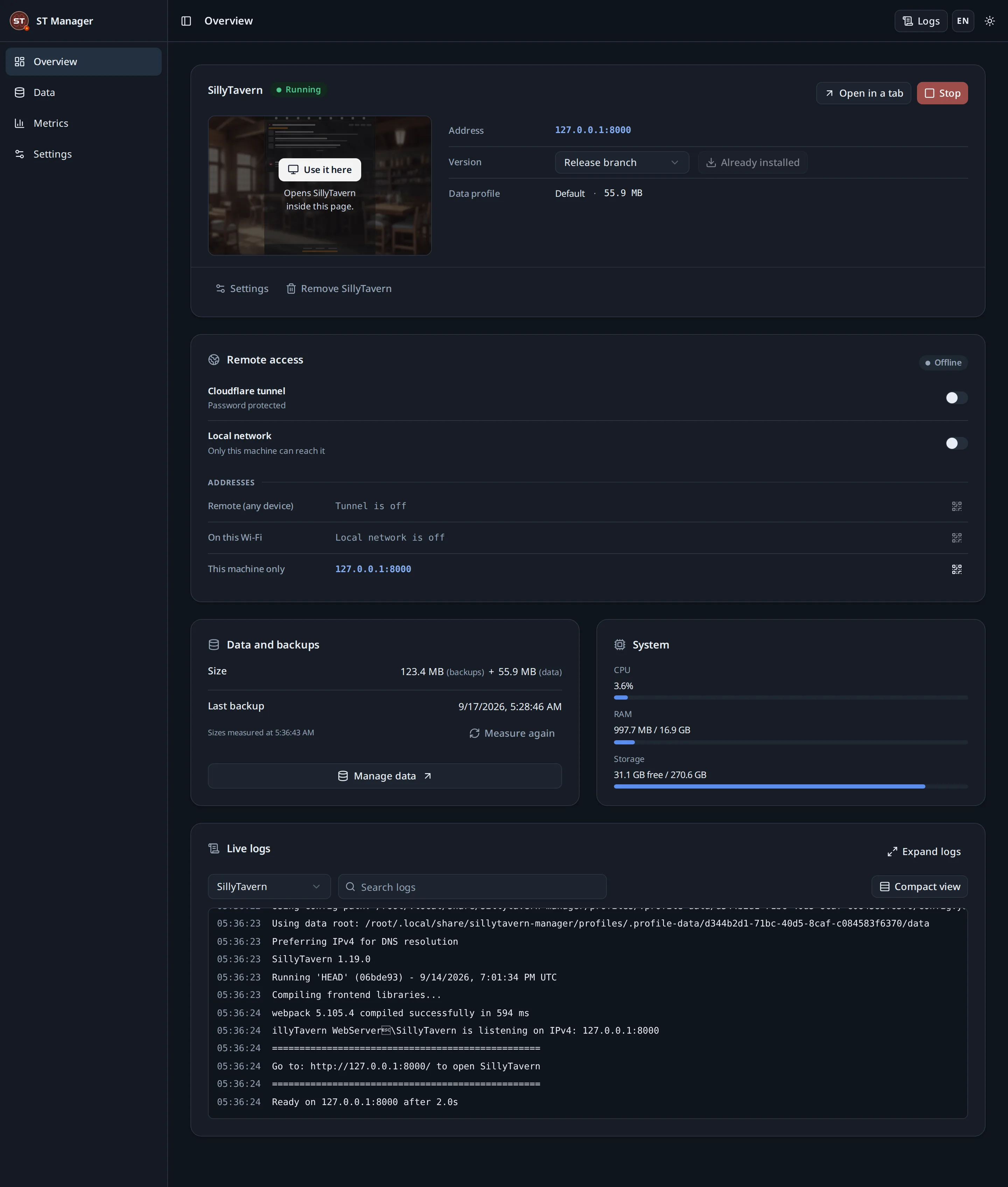 The overview page: SillyTavern running, remote access, data and backups, system usage and live logs