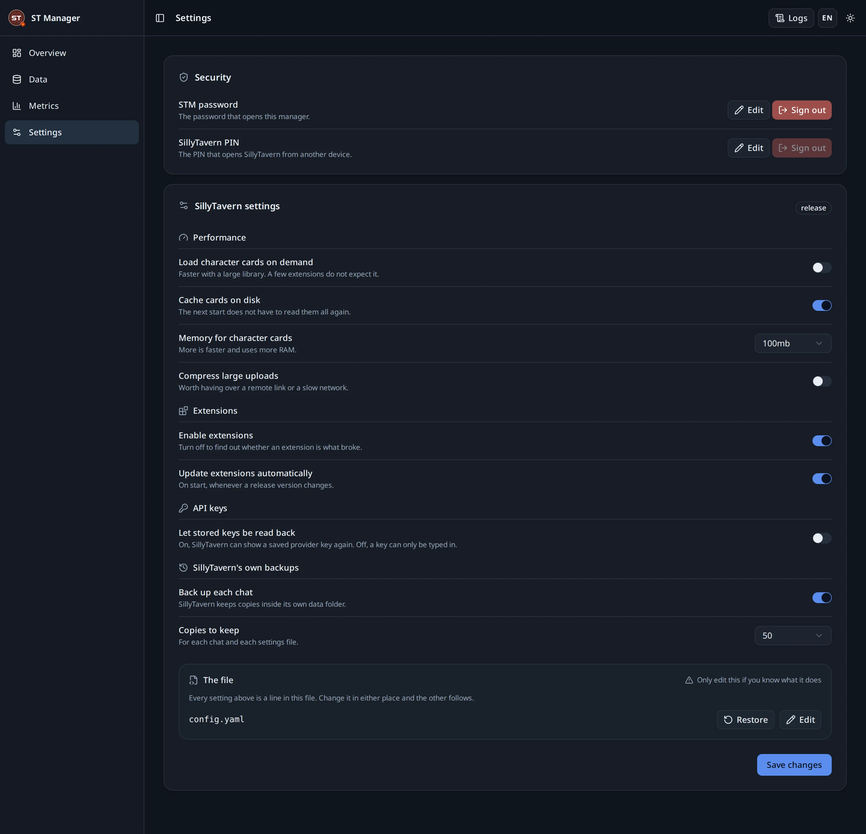 The settings page: security, performance, extensions, API keys and chat backups