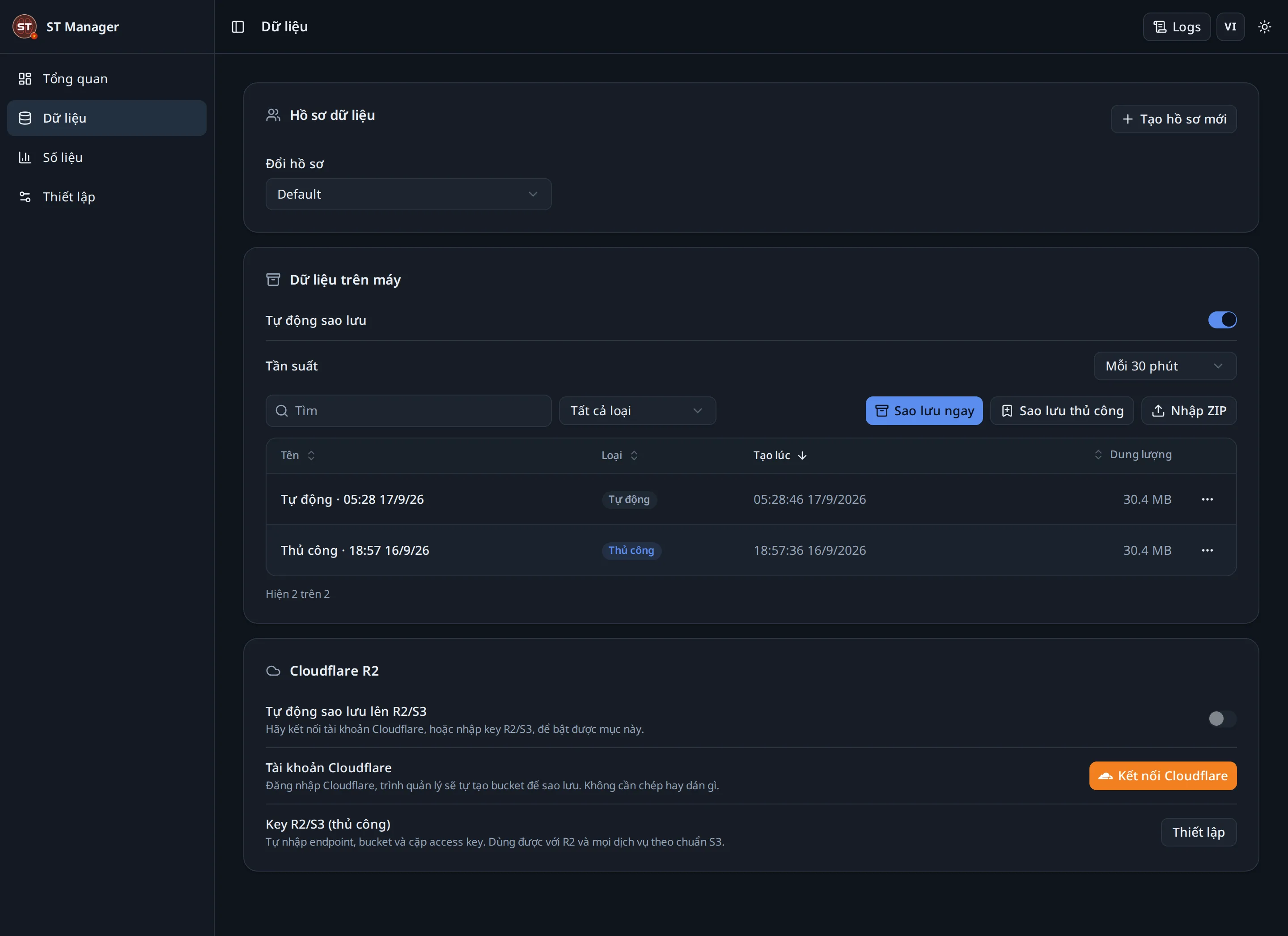 Trang dữ liệu: hồ sơ, bản sao lưu cục bộ và điểm phục hồi trên Cloudflare R2